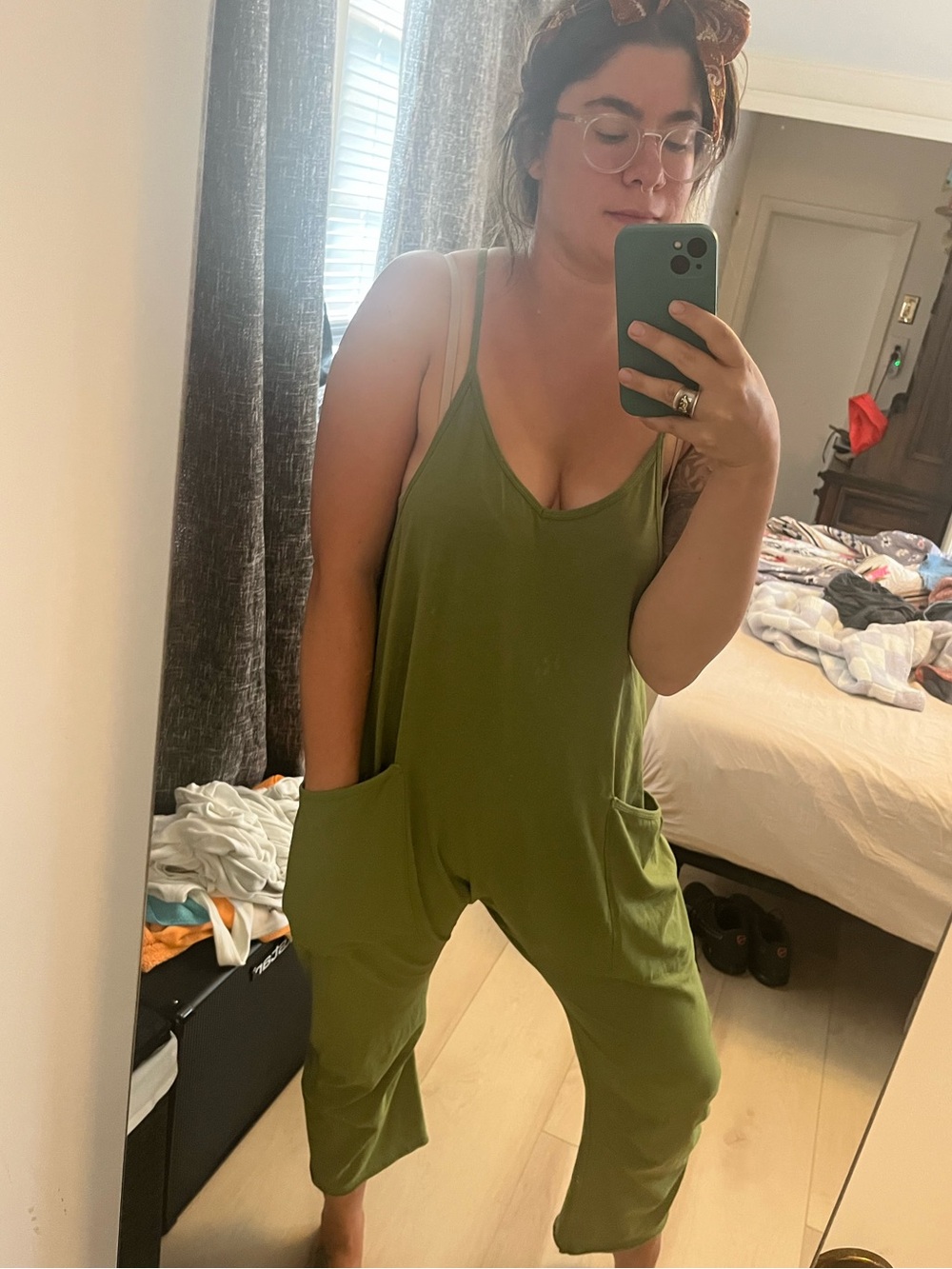 Olive Green Sleeveless Jumpsuit with Pockets 95% cotton!
